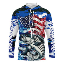 Load image into Gallery viewer, Custom American Flag Striped Bass Long Sleeve Fishing Shirts, Blue Camo Striper Fishing Jerseys IPHW6008