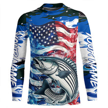Load image into Gallery viewer, Custom American Flag Striped Bass Long Sleeve Fishing Shirts, Blue Camo Striper Fishing Jerseys IPHW6008