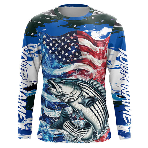Custom American Flag Striped Bass Long Sleeve Fishing Shirts, Blue Camo Striper Fishing Jerseys IPHW6008