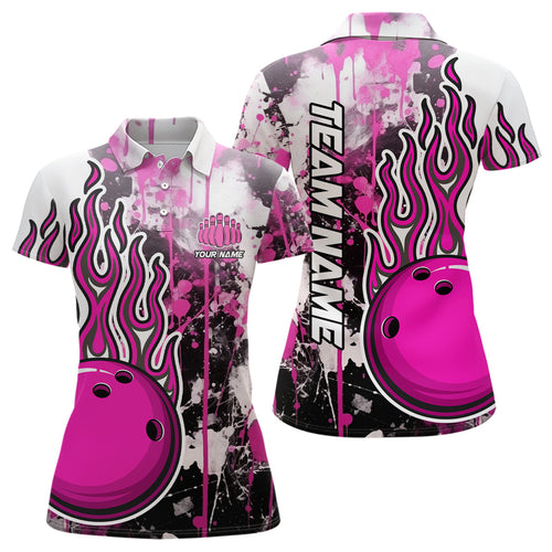 Pink Camo Flame Bowling Polo Shirts Women Custom Bowling Team Jerseys Bowling League Shirts IPHW5410