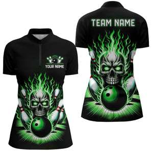 Personalized Skull Bowling Shirt For Women Custom Team'S Name Flame Bowler Jerseys | Green IPHW5820