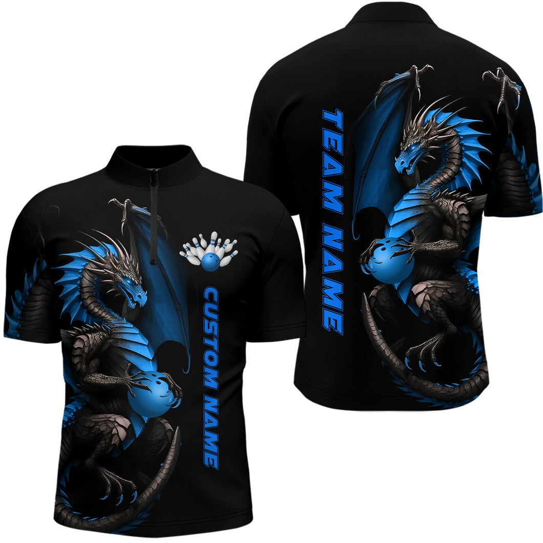 Custom Blue Dragon Bowling Quarter Zip Shirts Men Team Bowling Jerseys Bowler Outfit Apparel IPHW5331