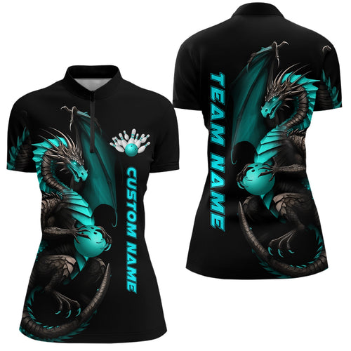 Custom Cyan Dragon Bowling Quarter Zip Shirts Women Team Bowling Jerseys Bowler Outfit IPHW5332