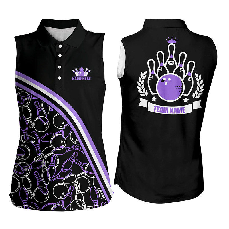 Personalized bowling Sleeveless polo shirt Custom black purple bowling pattern, bowling team shirts NQS6531