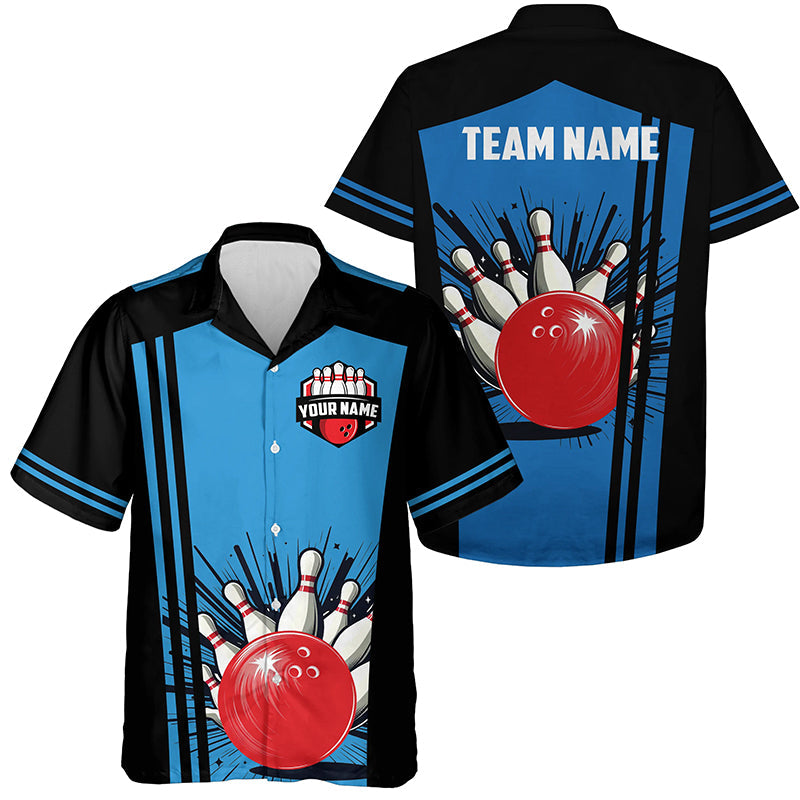 Personalized black and blue retro Bowling hawaiian shirts, Team button up shirts gift for Bowler NQS7149