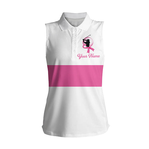 White and pink Breast Cancer Awareness custom Women sleeveless polo shirt, pink ribbon golf shirts NQS6321