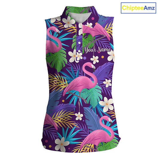 Women's sleeveless golf polo shirt floral flamingo pattern tropical leaves custom team golf shirts NQS3897