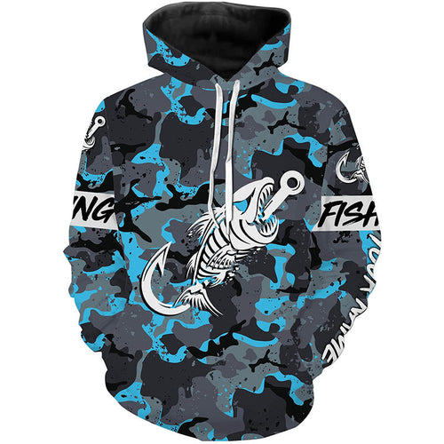 Fish hook skull blue Camo fish reaper Custom name fishing jerseys  | Hoodie - NPQ839
