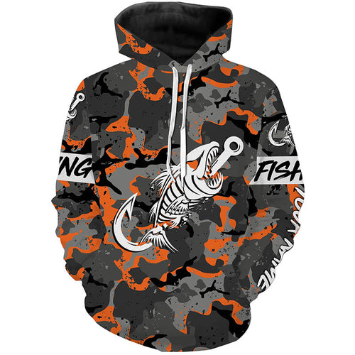 Fish hook skull orange Camo fish reaper Custom name fishing jerseys  | Hoodie - NPQ840