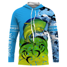 Load image into Gallery viewer, Mahi mahi ( Dorado) fishing blue camouflage Custom Name long sleeves, hooded fishing shirt, Personalized Gifts for Fisherman NQS2936