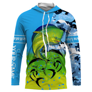 Mahi mahi ( Dorado) fishing blue camouflage Custom Name long sleeves, hooded fishing shirt, Personalized Gifts for Fisherman NQS2936