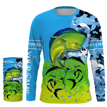 Load image into Gallery viewer, Mahi mahi ( Dorado) fishing blue camouflage Custom Name long sleeves, hooded fishing shirt, Personalized Gifts for Fisherman NQS2936