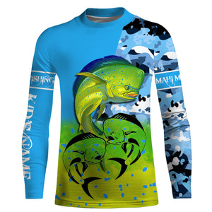 Mahi mahi ( Dorado) fishing blue camouflage Custom Name long sleeves, hooded fishing shirt, Personalized Gifts for Fisherman NQS2936