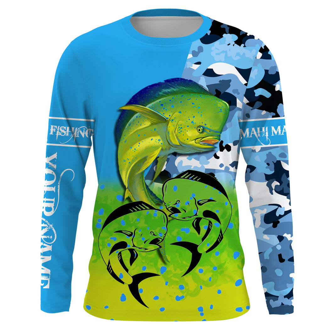 Mahi mahi ( Dorado) fishing blue camouflage Custom Name long sleeves, hooded fishing shirt, Personalized Gifts for Fisherman NQS2936