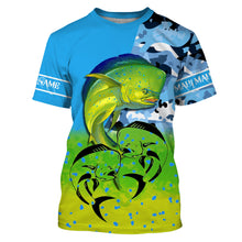 Load image into Gallery viewer, Mahi mahi ( Dorado) fishing blue camouflage Custom Name long sleeves, hooded fishing shirt, Personalized Gifts for Fisherman NQS2936