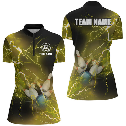 Womens bowling Quarter Zip shirt Custom yellow lightning thunder Bowling Team Jersey, gift for Bowlers NQS6378