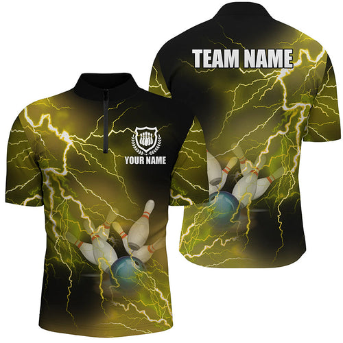 Men's bowling Quarter Zip shirts Custom yellow lightning thunder Bowling Team Jersey, gift for Bowlers NQS6378