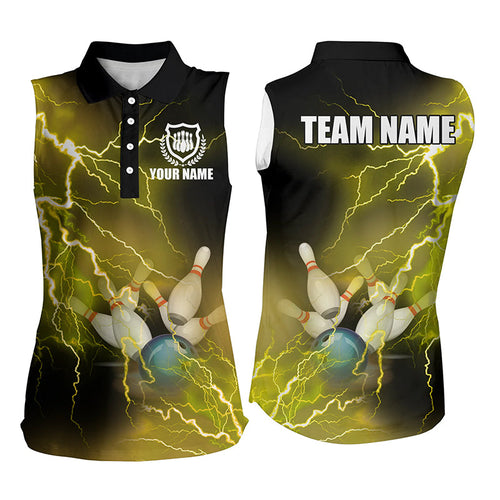 Women bowling sleeveless polo shirts Custom yellow lightning thunder Bowling Team Jersey NQS6378