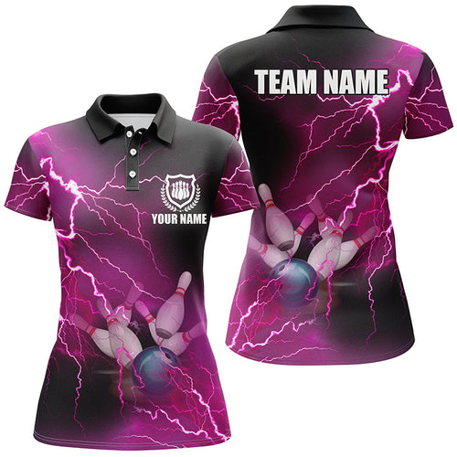 Women bowling polo shirts Custom pink lightning thunder Bowling Team Jersey, gift for team Bowlers NQS6379
