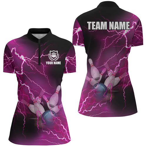 Womens bowling Quarter Zip shirt Custom pink lightning thunder Bowling Team Jersey, gift for Bowlers NQS6379