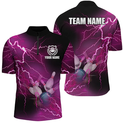 Men's bowling Quarter Zip shirts Custom pink lightning thunder Bowling Team Jersey, gift for Bowlers NQS6379