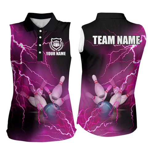 Women bowling sleeveless polo shirts Custom pink lightning thunder Bowling Team Jersey NQS6379