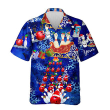 Load image into Gallery viewer, Personalized blue Christmas pattern Bowling Santa hawaiian shirts Custom team button up shirts NQS6617