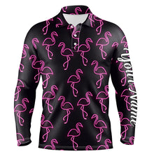 Load image into Gallery viewer, Black Mens golf polo shirt neon pink flamingos pattern custom name team flamingo golf polo shirts NQS4951