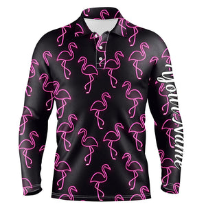 Black Mens golf polo shirt neon pink flamingos pattern custom name team flamingo golf polo shirts NQS4951