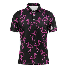 Load image into Gallery viewer, Black Mens golf polo shirt neon pink flamingos pattern custom name team flamingo golf polo shirts NQS4951