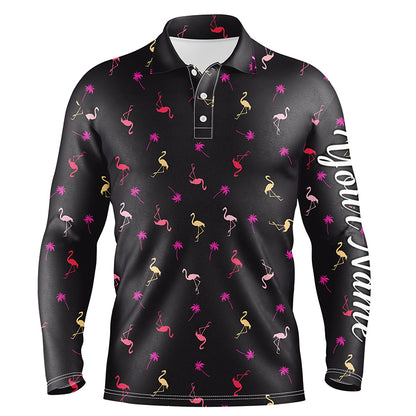 Black Mens golf polo shirt neon pink flamingos palm pattern custom team flamingo golf polo shirts NQS4952