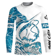 Load image into Gallery viewer, Sailfish fishing tattoo blue sea wave ocean camo Custom Name UV sun protection fishing jersey NQS3777