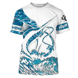 Sailfish fishing tattoo blue sea wave ocean camo Custom Name UV sun protection fishing jersey NQS3777