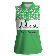 Load image into Gallery viewer, Women's sleeveless golf polo shirt golf heartbeat custom name leopard pattern golf shirt, golf gifts NQS4959