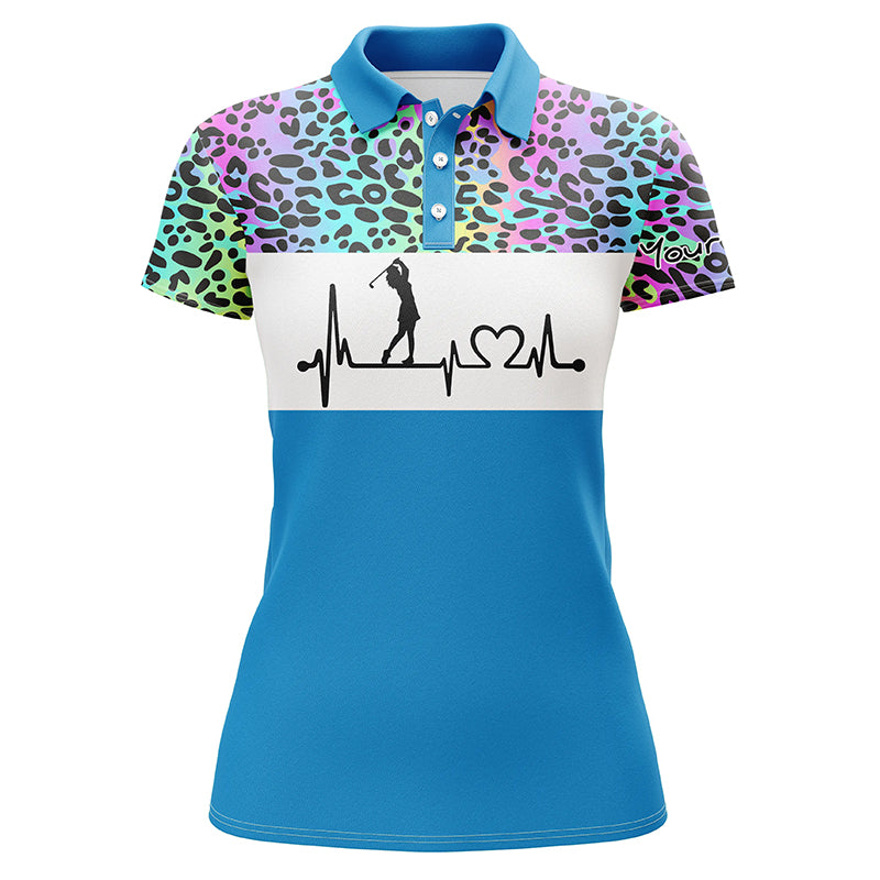 Womens golf polo shirt custom name rainbow gradient leopard golf heartbeat, golfing gifts for women NQS4961