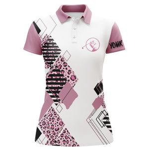 Pink womens golf polo white shirt leopard pattern custom name golf gift for women NQS3628