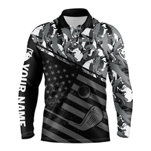 Load image into Gallery viewer, Mens golf polo shirt black American flag patriotic gray camo polo custom name golfing gifts NQS4756