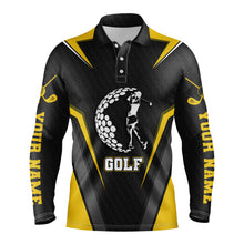 Load image into Gallery viewer, Black long sleeve golf polo shirts for mens custom name golf shirts, golfer gifts| Yellow NQS3646