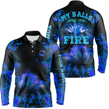 Load image into Gallery viewer, Blue Flame bowling shirt custom name my balls are on fire bowling polo shirts for men, bowling jerseys NQS6457