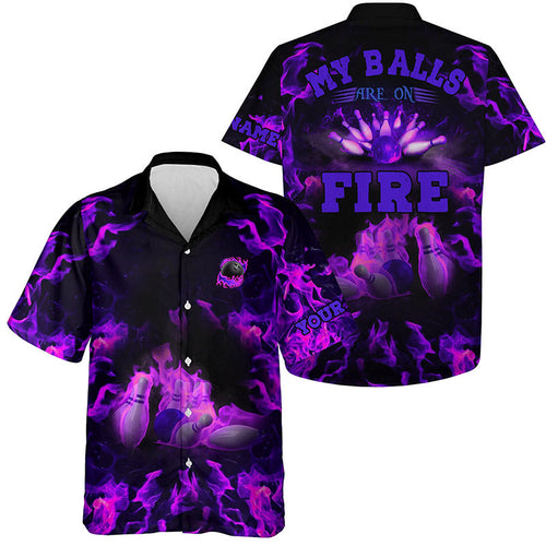 Purple Flame bowling shirts custom my balls are on fire Hawaiian Shirt, button up bowling shirts NQS6459