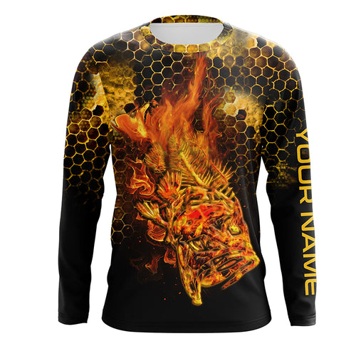 Flaming Fire fish skeleton fishing Custom UV sun protection Long sleeve Fishing Shirts, Fishing Gift NQS4602