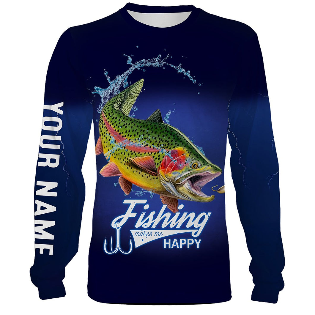 Fishing Makes Me Happy Rainbow Trout Fishing 3D All Over printed Customized Name Shirts For Adult And Kid NQS313