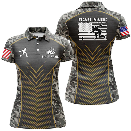 Womens Bowling Polo Shirts Custom camo American flag team League Womens Jerseys NQS6702