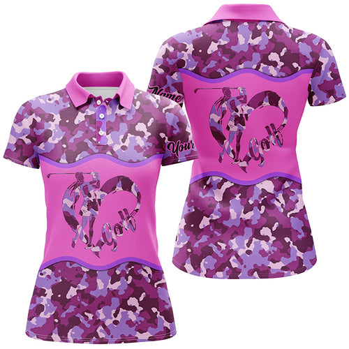 Pink purple camo Womens golf polo shirt custom name love golf camo ladies golf top for women NQS5046