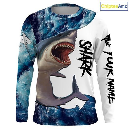 Shark Fishing blue ocean sea wave camo Custom long sleeve performance fishing jerseys shirts NQS3368