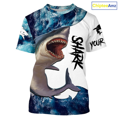 Shark Fishing blue ocean sea wave camo Custom long sleeve performance fishing jerseys shirts NQS3368
