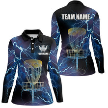 Load image into Gallery viewer, Women disc golf polo shirts custom blue lightning thunder disc golf basket disco golf outfit NQS6265