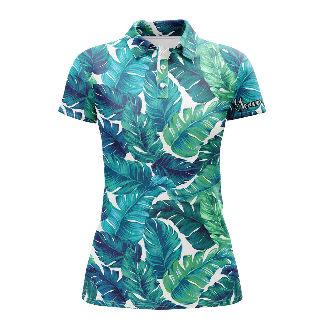 Women golf polo shirt turquoise and green tropical leaves custom team golf polo shirts NQS3693
