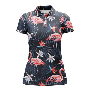 Women golf polo shirt tropical birds pink flamingo dark blue palm leaves custom polo shirts NQS3694