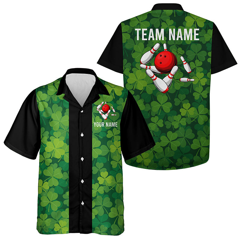 Personalized Green Clover Black Retro Bowling hawaiian shirts Custom vintage Team button up shirts NQS7108